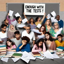 generate an image that illustrates students, teachers and parents that are sick and tired of too much tests